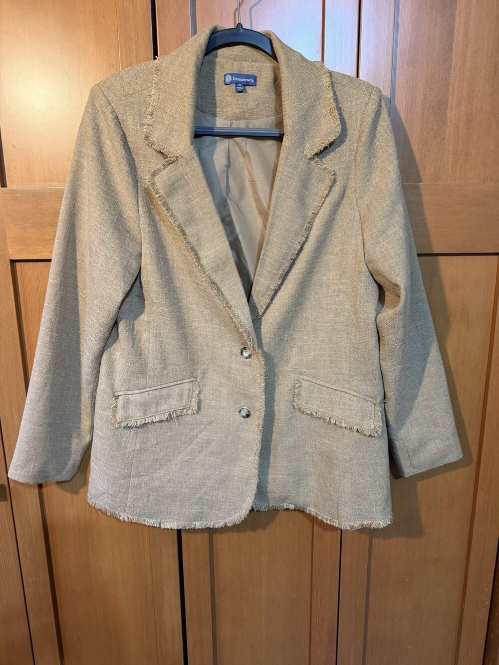 Democracy Frayed Raw Edge Casual Blazer Jacket - Tan Khaki - Size Medium